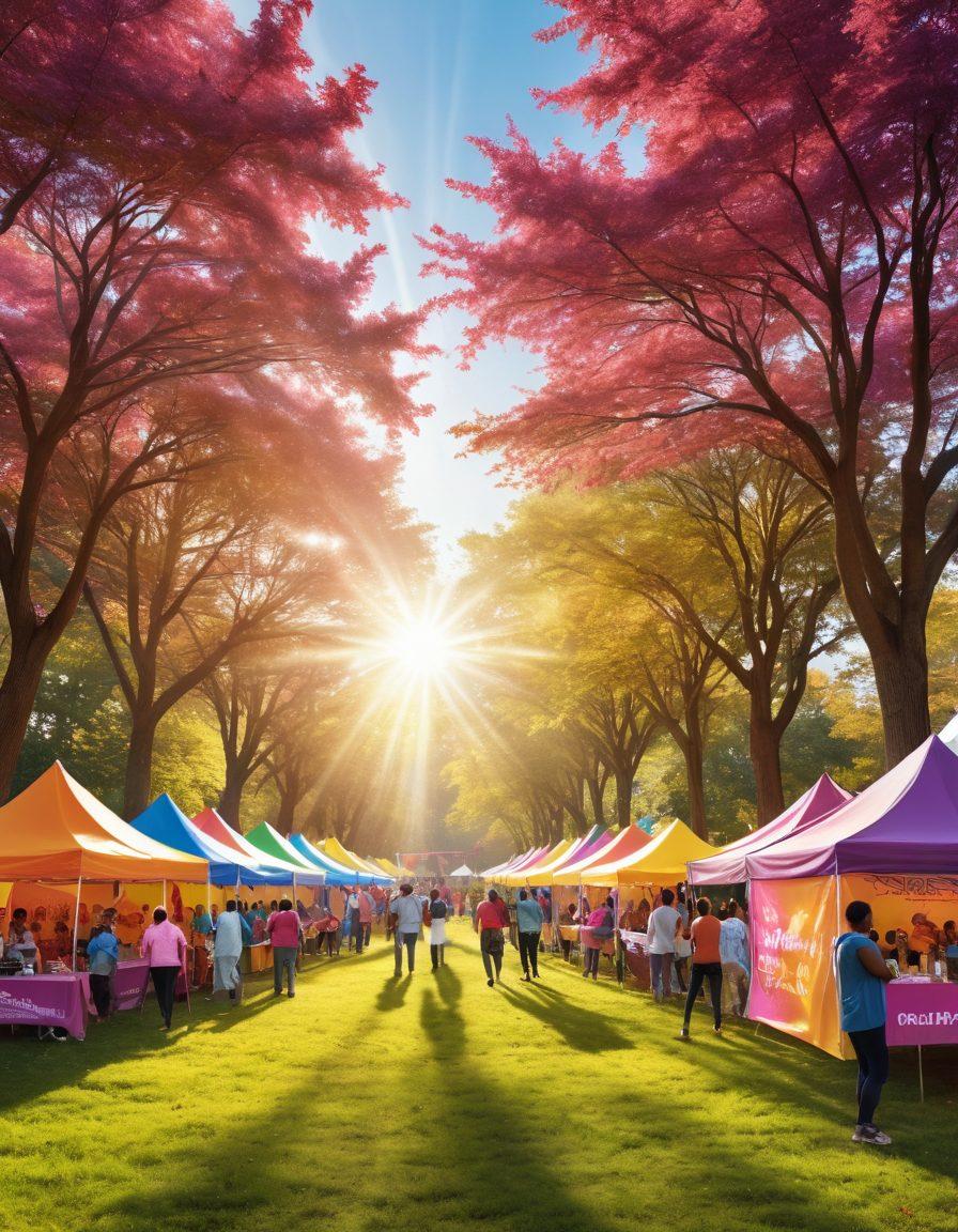 A dynamic scene showcasing a vibrant community event, with diverse individuals participating in activities that promote cancer awareness and support. Include empowering symbols like ribbons and hands joined together in solidarity. Bright banners with hopeful slogans enhance the uplifting atmosphere. The background features a park filled with lively trees, colorful tents, and rays of sunlight peeking through. super-realistic. vibrant colors. outdoor setting.