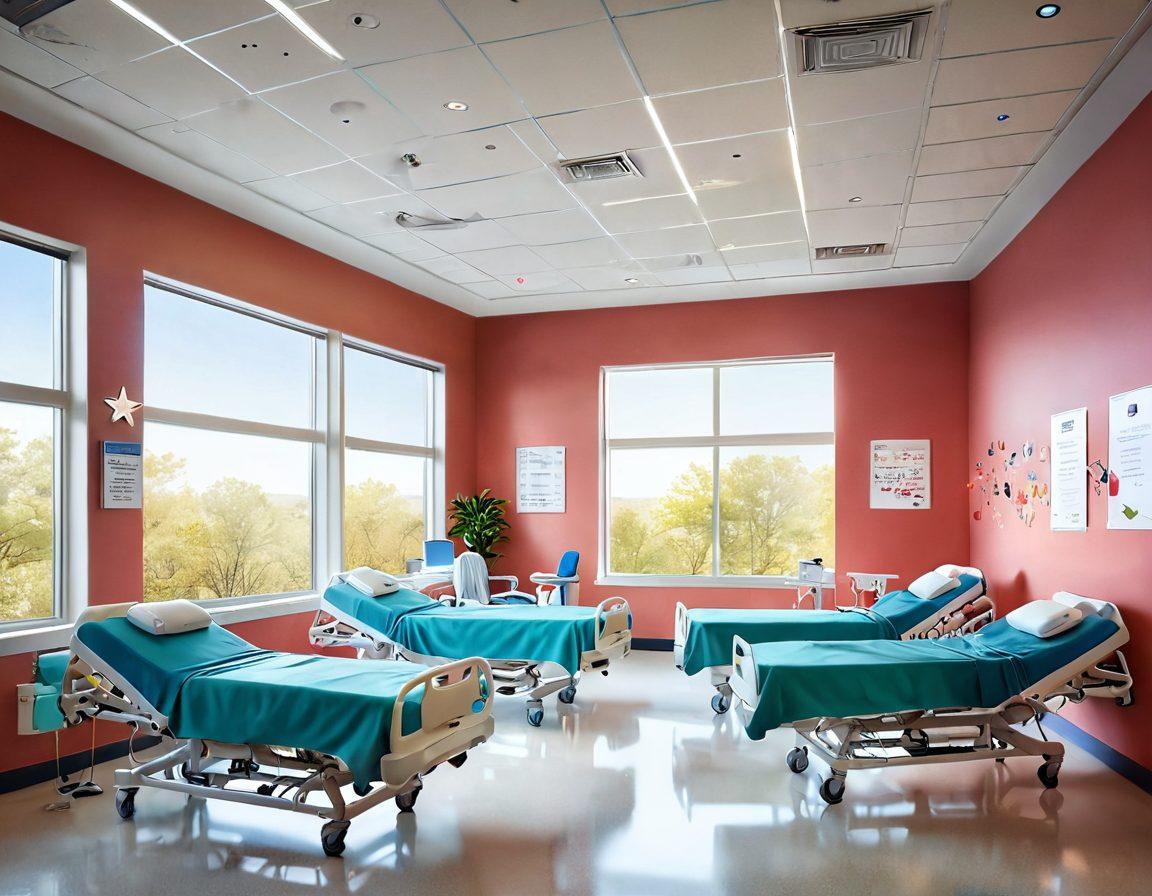 A serene hospital setting with a diverse group of survivors sharing their inspirational stories, illuminated by soft natural light. Display elements of modern cancer treatment, like advanced medical equipment and a vibrant support group, while twinkling stars and uplifting quotes float in the air to symbolize hope and resilience. The color palette should evoke warmth and positivity. vibrant colors. super-realistic.