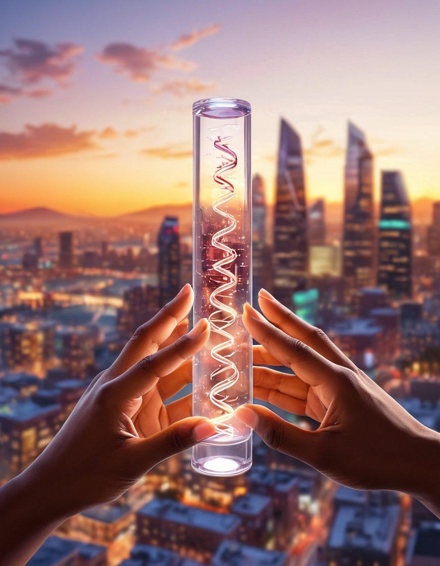 A close-up of diverse hands coming together, each holding a glowing, futuristic treatment vial symbolizing hope. In the background, a vibrant cityscape with abstract DNA strands weaving through the skyline, representing innovation and progress. The scene is infused with soft, warm lighting, conveying positivity and healing. super-realistic. vibrant colors. white background.